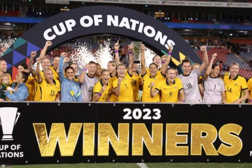 Australia-defeat-Jamaica-in-final-Cup-of-Nations-soccer-match-to-retain-trophy!-Newcastle,-NSW.-February-2023